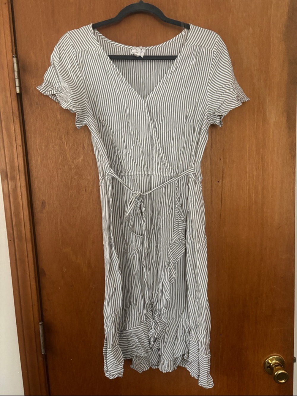 NAIF Striped V-Neck Tie-Waist Midi Dress - Gray & White